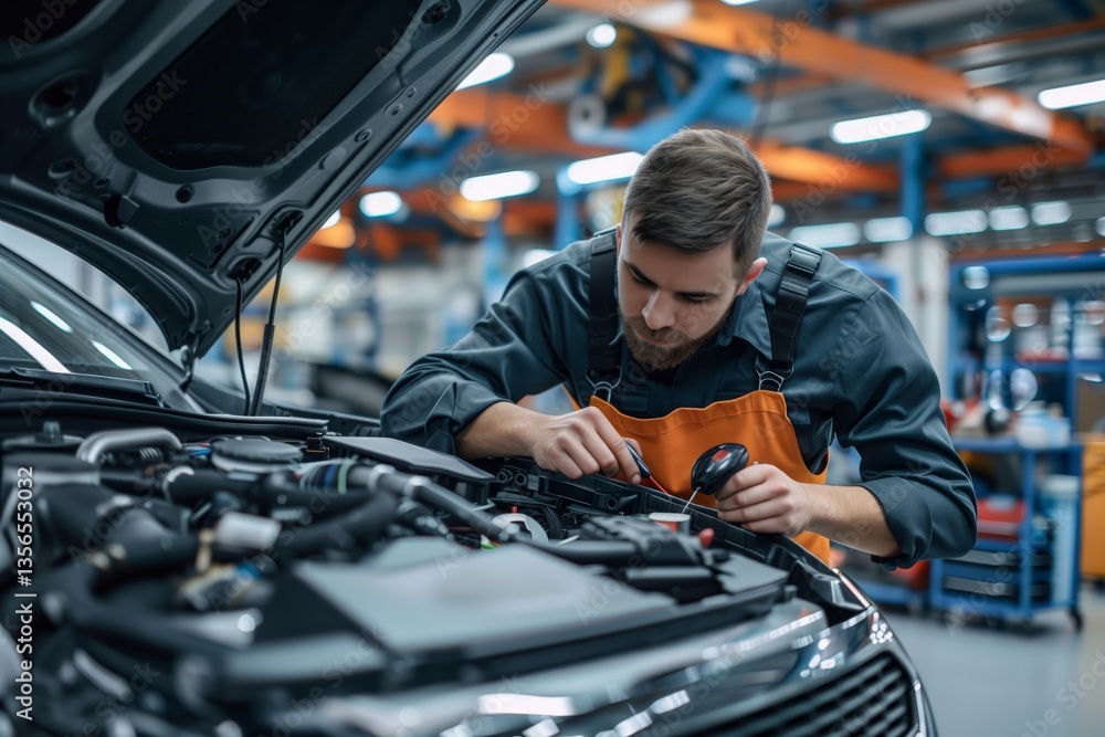 a car mechanic works on the engine of a vehicle in a workshop