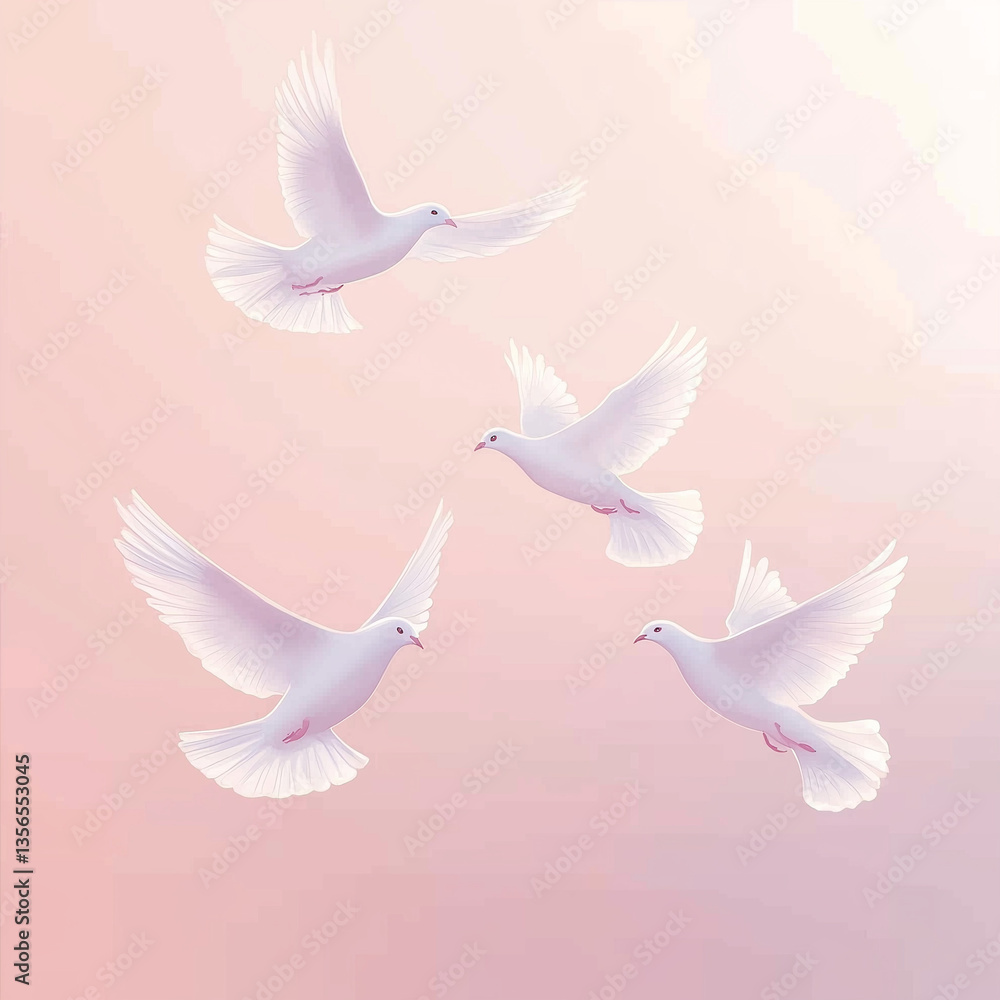 Fototapeta premium Four white doves flying in soft pastel background 