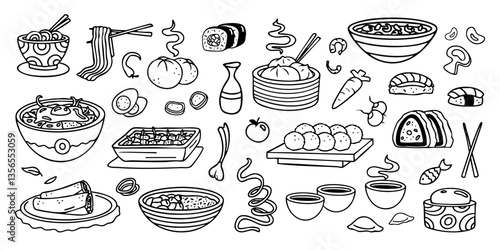 Asian food doodles and freehand drawing, graphic line art dishes and soup bowls, sushi and baked buns and dumplings. Stickers, design decorations, restaurant menu's art. Vector illustration.