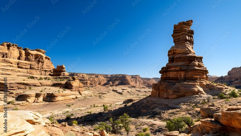 Fototapeta premium A rocky desert landscape featuring a prominent rock formation under a clear blue sky. Concept Rocky Desert Landscape, Prominent Rock Formation, Clear Blue Sky, Natural Beauty, Outdoor Photography