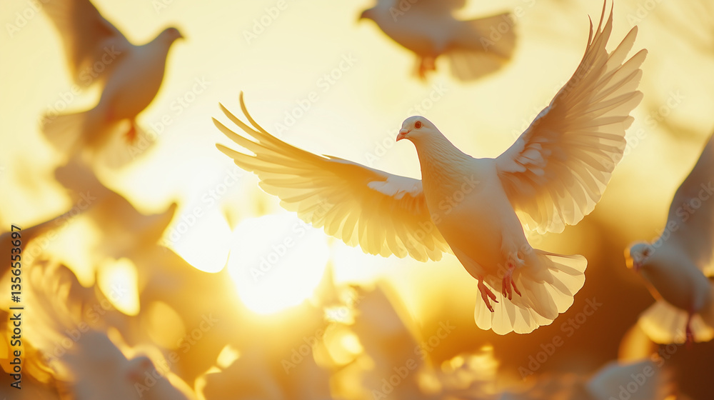 Doves soaring gracefully against a bright sunset background Doves soaring gracefully against a bright sunset background