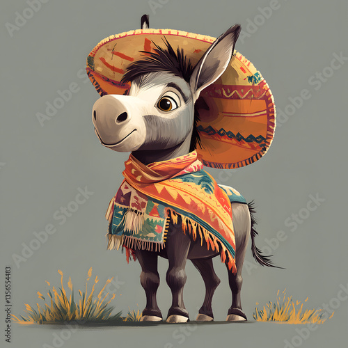A festive donkey wears a sombrero and colorful scarf, embodying Cinco de Mayo spirit