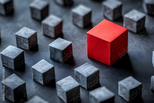 Red Cube Among Grey Cubes Abstract Concept Image