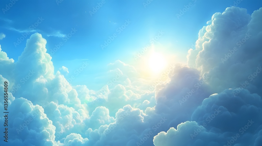 Naklejka premium Heavenly Cloudscape, Bright Sun Shining Through Fluffy Clouds