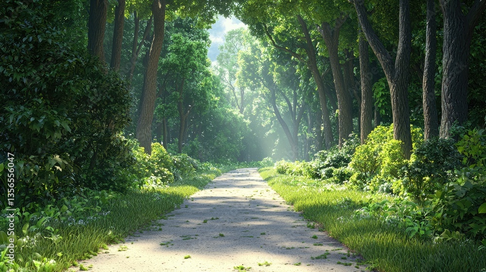 Obraz premium A peaceful forest trail bathed in warm morning light, surrounded by towering green trees.