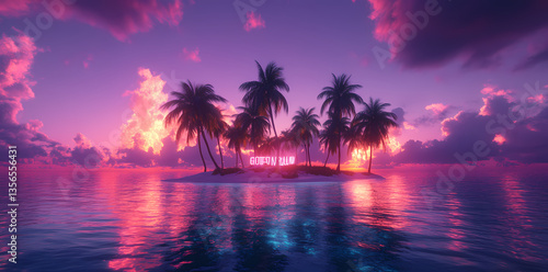 Tropical Paradise Sunset: A picturesque island scene with palm trees silhouetted against a vibrant sunset sky, with soft hues reflecting on the calm waters.