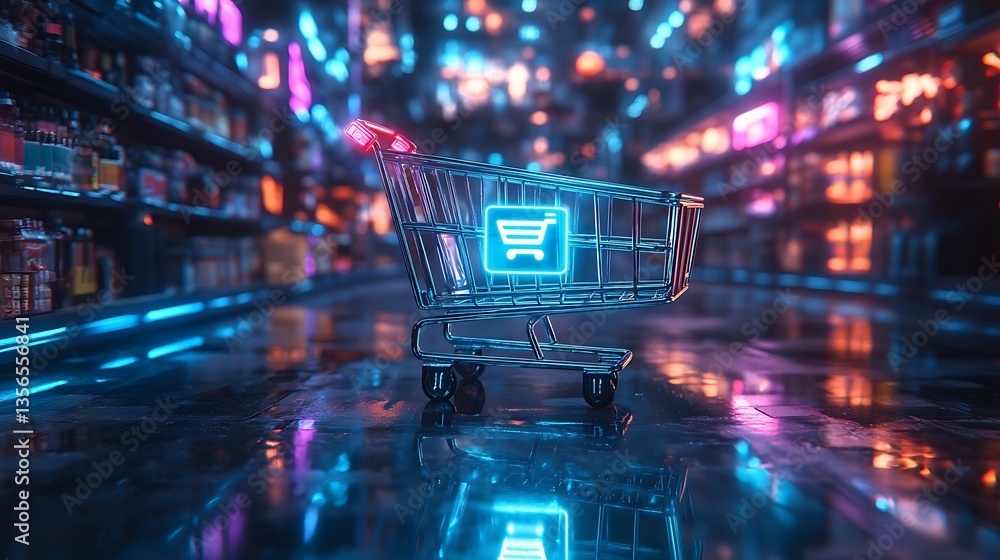 A futuristic digital shopping cart with a glowing wireless payment symbol, floating in a high-tech virtual marketplace, neon blue and purple lighting, cyberpunk aesthetics, ultra-detailed reflections, A futuristic digital shopping cart with a glowing wireless payment symbol, floating in a high-tech virtual marketplace, neon blue and purple lighting, cyberpunk aesthetics, ultra-detailed reflections,