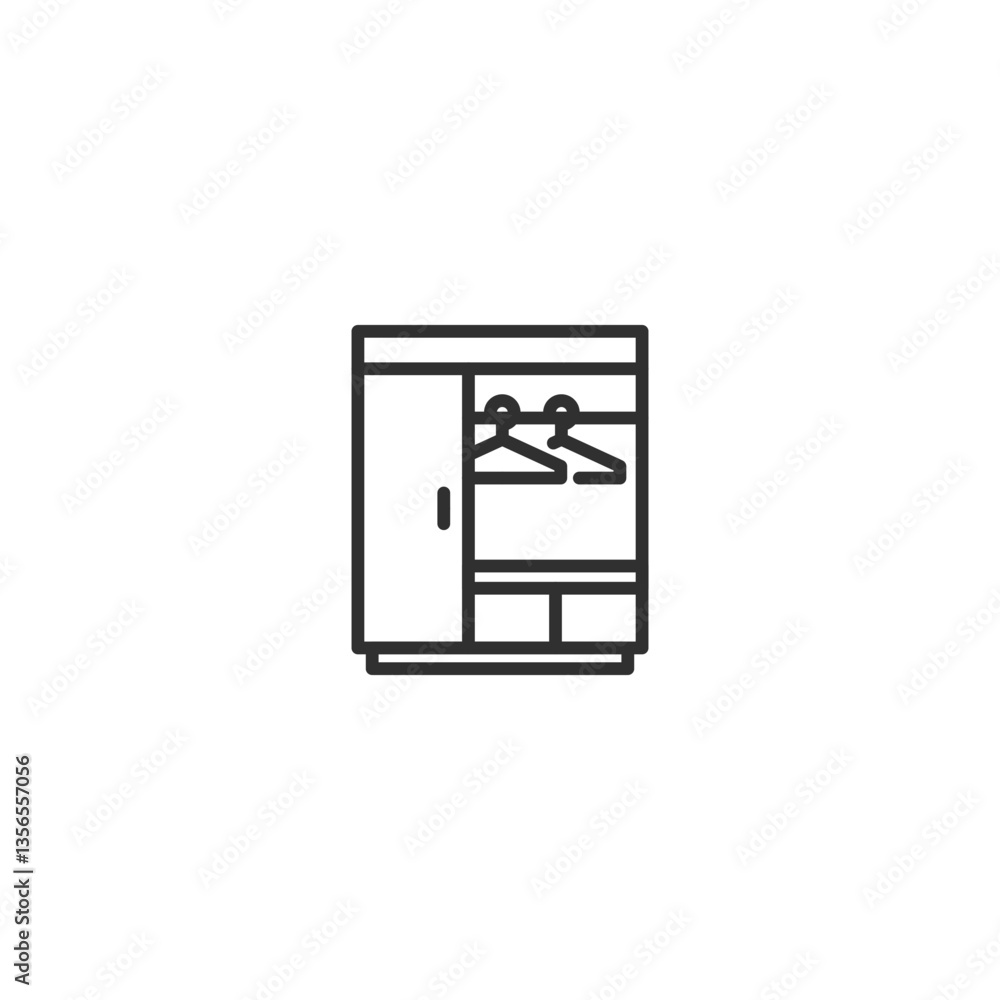 Minimalist linear wardrobe icon with clothes hanger outline design. Minimalist linear wardrobe icon with clothes hanger outline design.