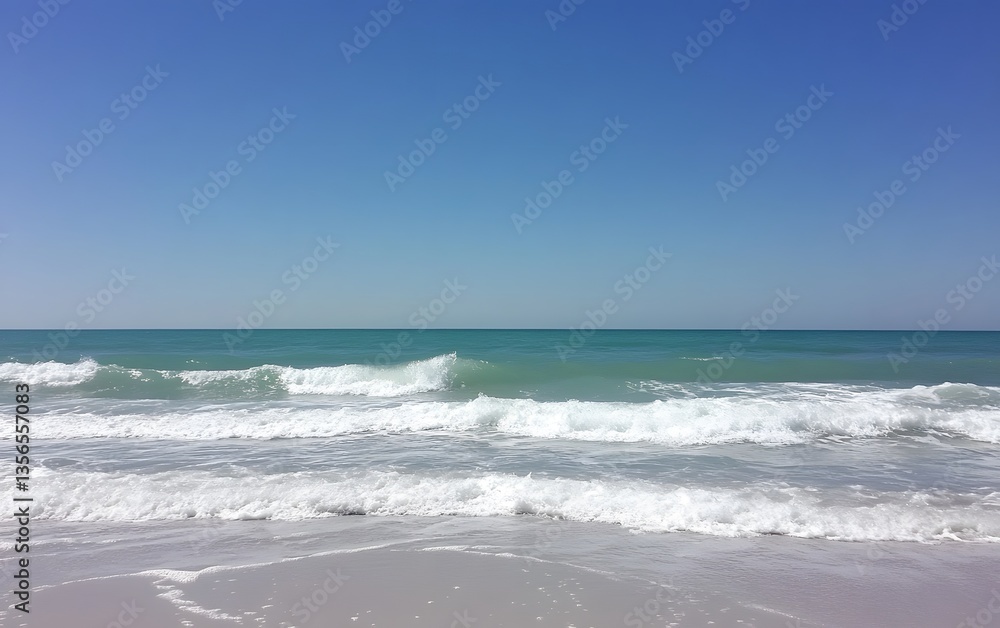 Serene Ocean Waves Crashing on Sandy Beach Under Blue Sky Serene Ocean Waves Crashing on Sandy Beach Under Blue Sky