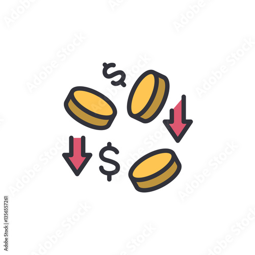 Decrease money colored icons, minimalist vector illustration ,simple transparent graphic element .Isolated on white background
