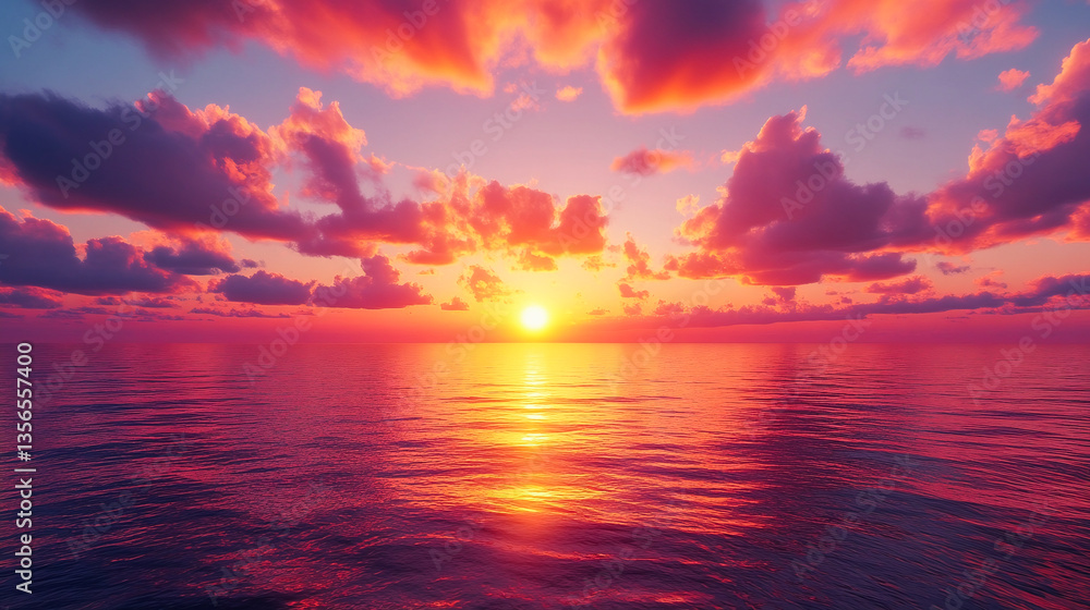 Fototapeta premium Purple, orange and yellow sky over the sea - Fantasy vibrant panoramic sunset sky - Gradient rich colors - ethereal dreamy summer sunset or sunrise sky. Uplifting and peaceful sky