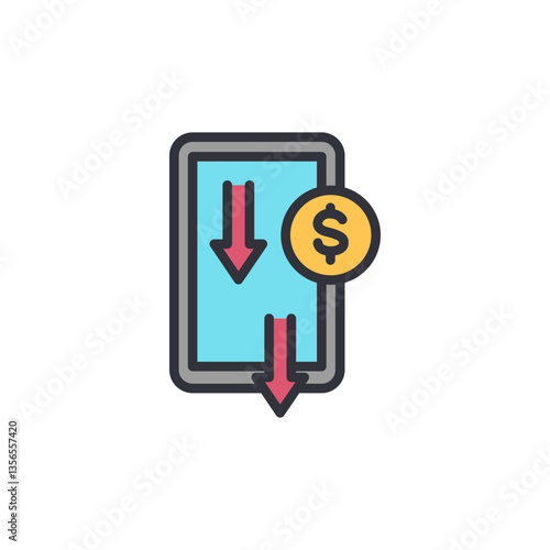 Decrease money colored icons, minimalist vector illustration ,simple transparent graphic element .Isolated on white background