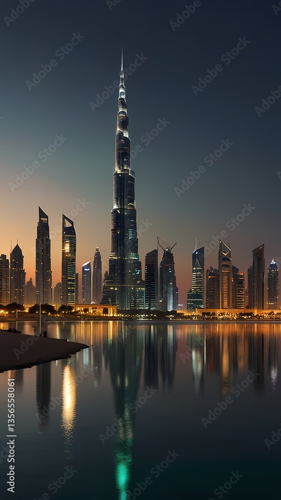 Obraz premium Sunset over the harbor with a city skyline view of Shanghai and Pudong, showcasing skyscrapers, river, and urban landmarks