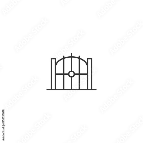 Minimalist linear icon of arched metal gate design on white background.