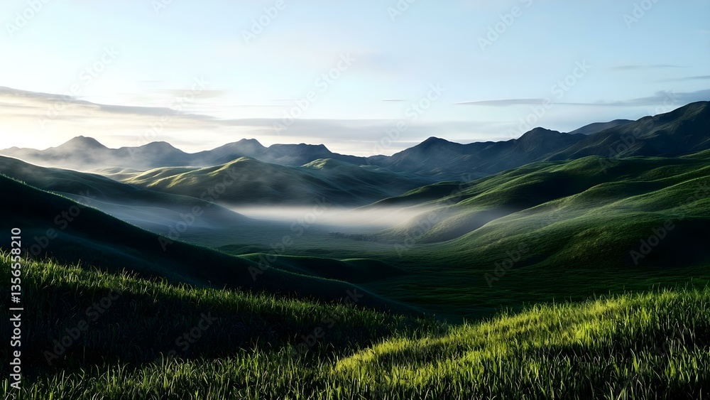 Fototapeta premium Lush green hills and mountains under a bright sky with mist hovering in the valleys, creating a serene landscape. Concept Serene Landscape, Lush Green Hills, Misty Valleys, Bright Sky, Natural Beauty