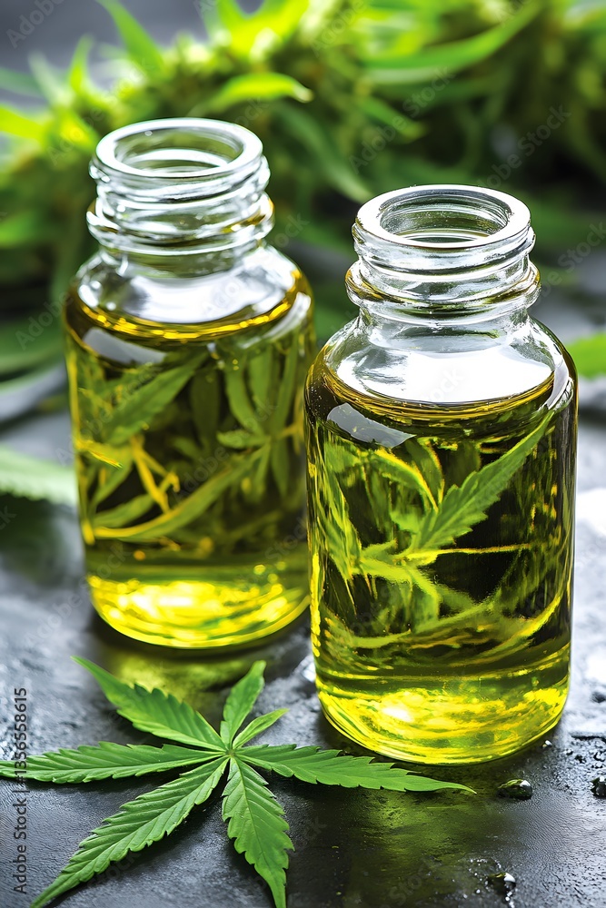 Cannabis Oil Bottles with Fresh Marijuana Leaves Cannabis Oil Bottles with Fresh Marijuana Leaves