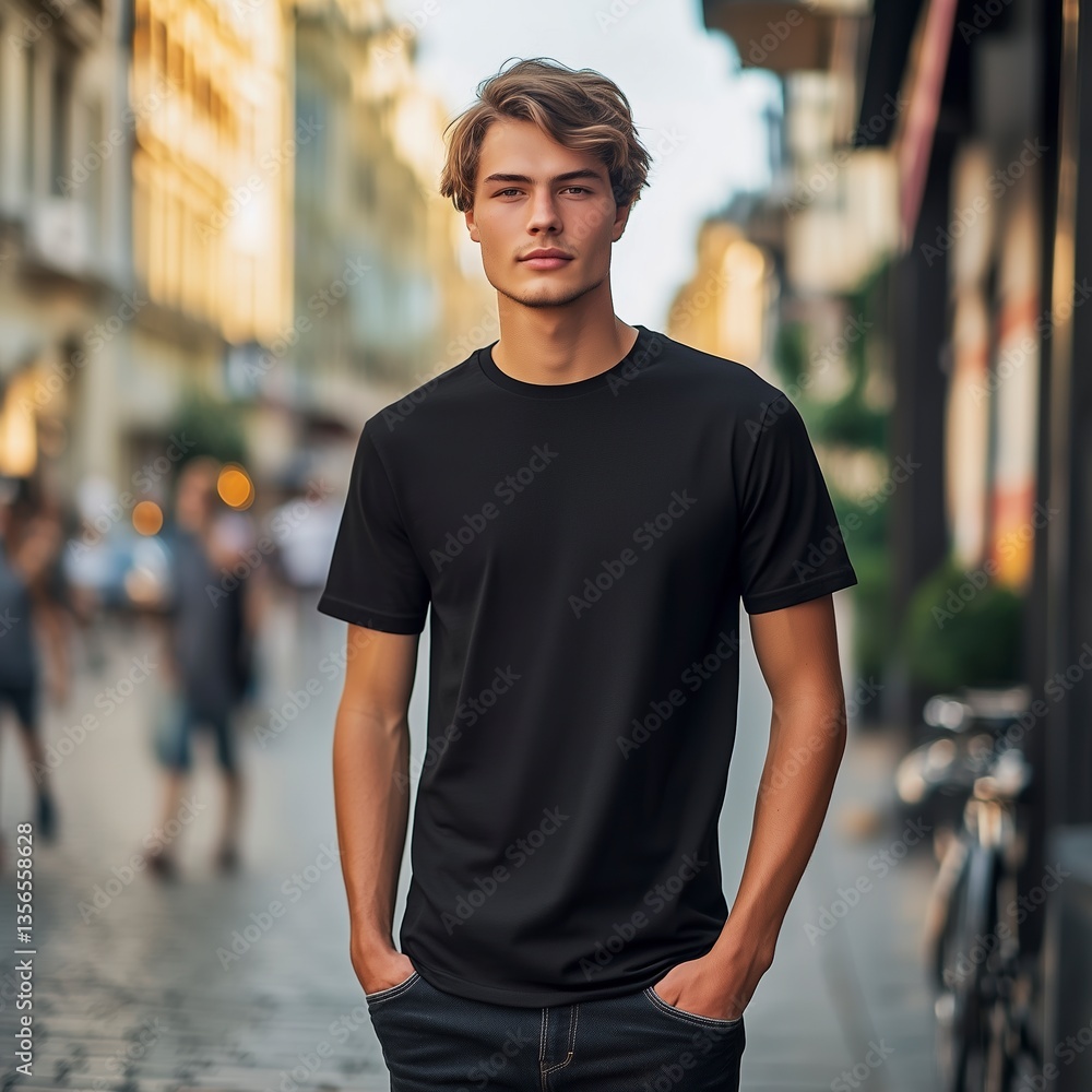 Athletic Model in Black T-Shirt Mockup on Busy City Street Athletic Model in Black T-Shirt Mockup on Busy City Street