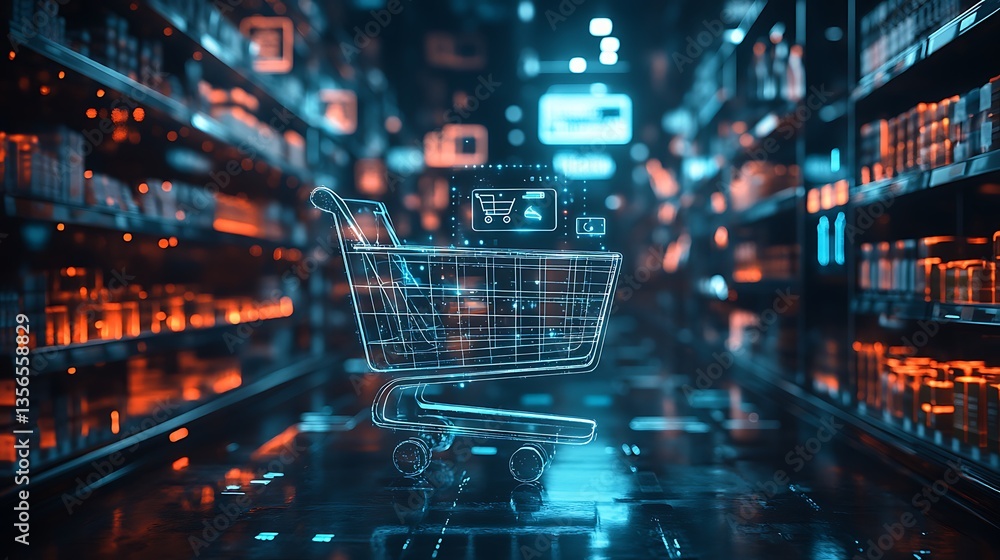 A sleek holographic shopping cart interface in a futuristic online store, touchless payment icons hovering, digital product shelves in the background, glowing interactive UI, sci-fi cyber aesthetics, A sleek holographic shopping cart interface in a futuristic online store, touchless payment icons hovering, digital product shelves in the background, glowing interactive UI, sci-fi cyber aesthetics,