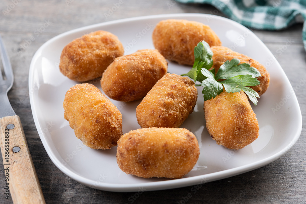 Fried cod croquettes on wooden table Fried cod croquettes on wooden table