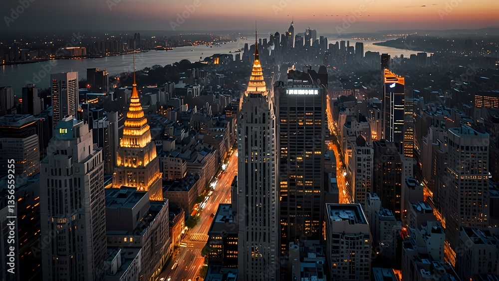 Fototapeta premium New York City skyline at night with lights, skyscrapers, and traffic in a downtown urban view