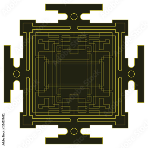 Abstract yantra, hinduism symbols, outline sign, linear style pictogram. Mystical diagram of the universe with four gates. Art deco ornamental, vintage square gold frame. Sacred geometry. Vector icon