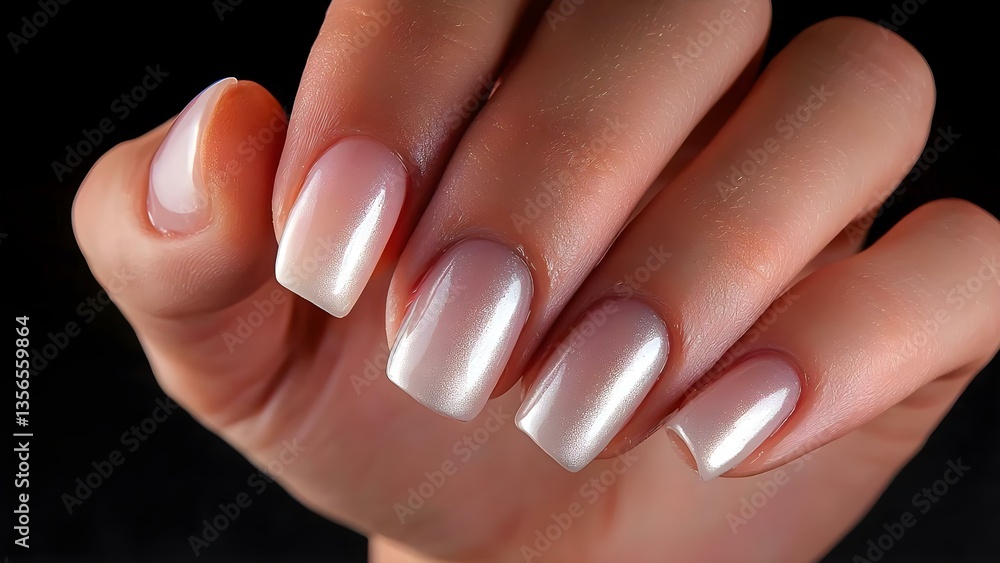 A close-up of a hand displaying elegantly manicured nails with a gradient white to pink color and a glossy finish. Concept Manicure Techniques, Gradient Nail Art, Glossy Finish Trends A close-up of a hand displaying elegantly manicured nails with a gradient white to pink color and a glossy finish. Concept Manicure Techniques, Gradient Nail Art, Glossy Finish Trends