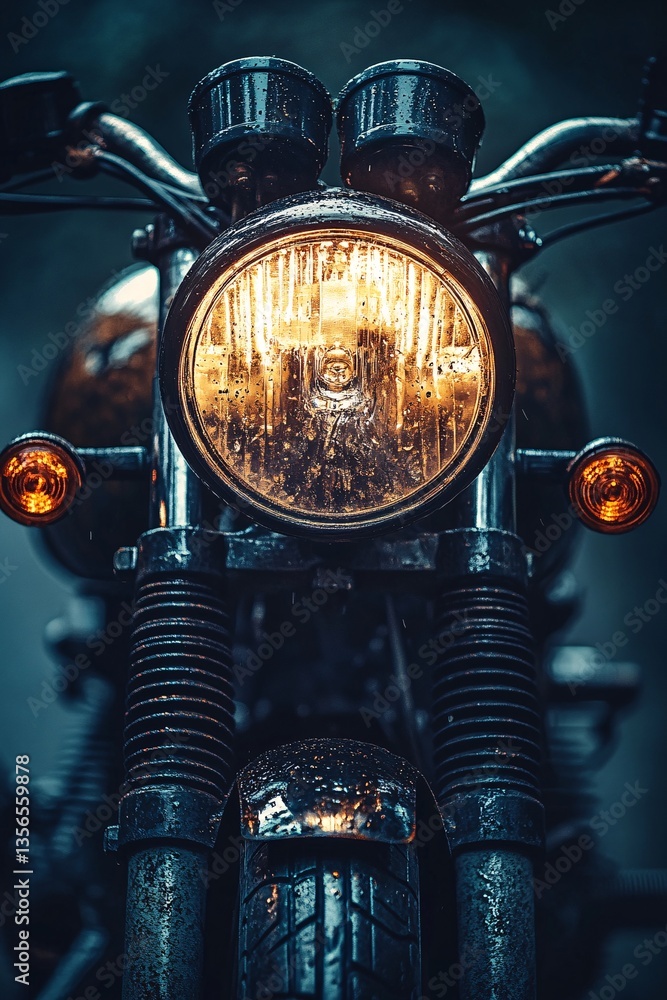 Fototapeta premium Illuminated Ride: Capturing the essence of a vintage motorcycle, highlighting the glowing headlight and the raw, rugged aesthetics of this machine, evoking a sense of freedom and the open road.
