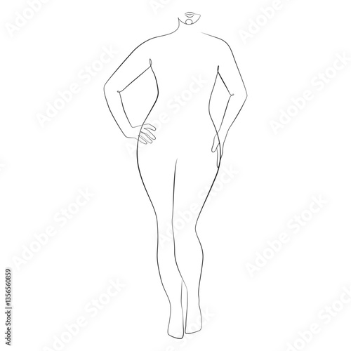 Curvy woman line drawing on white isolated background. Plus size model, body positive concept