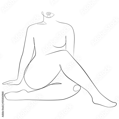 Curvy woman line drawing on white isolated background. Plus size model, body positive concept