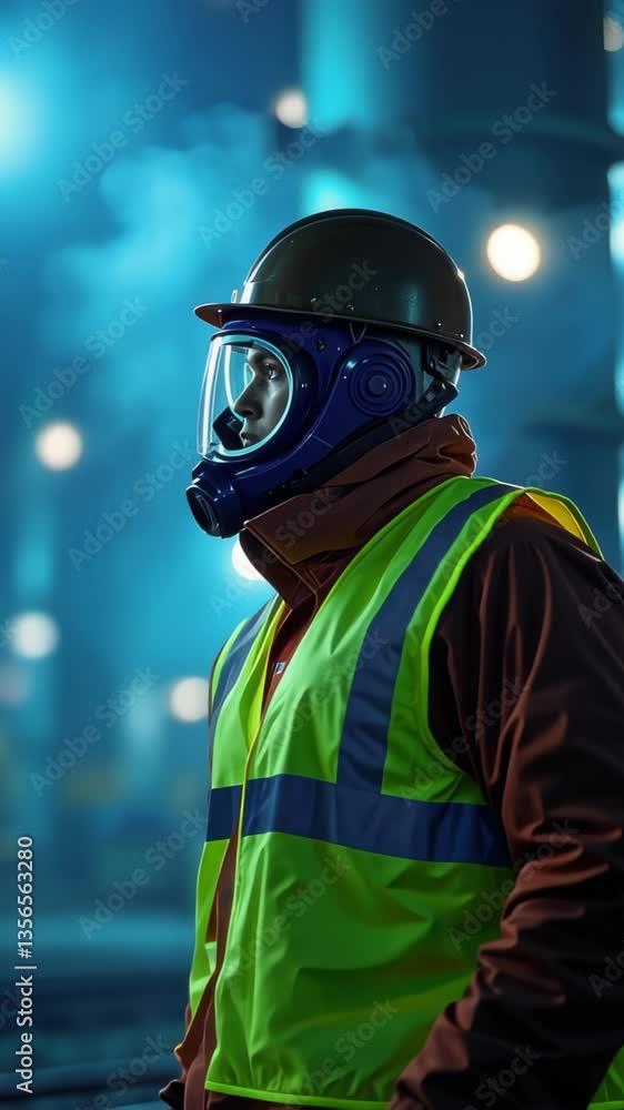 Engineer in protective vest and respirator examining petrochemical plant territory under blue lighting Engineer in protective vest and respirator examining petrochemical plant territory under blue lighting