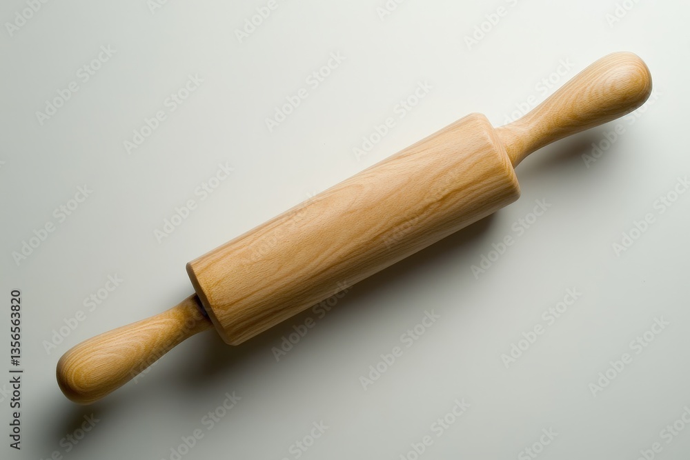A wooden kitchen rolling pin resting on a light surface A wooden kitchen rolling pin resting on a light surface