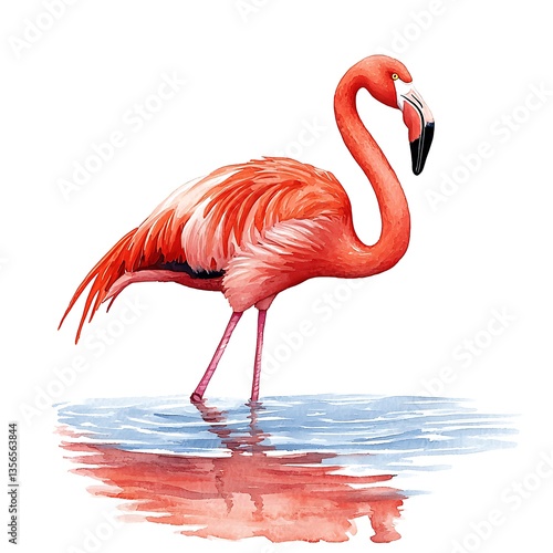 Elegant Flamingo in Water A Watercolor Painting of a Pink Flamingo.