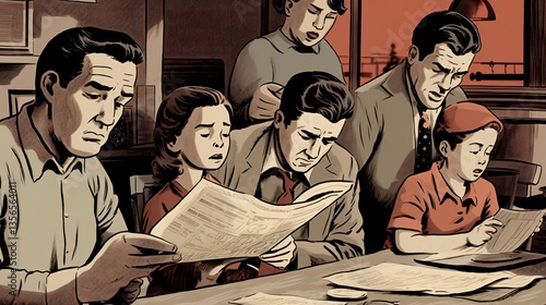 Family Reading News, Mid-Century Modern Illustration
