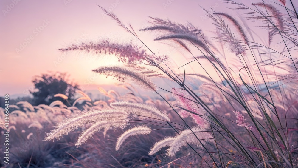 Obraz premium Ethereal feathery grass, dreamy pastel colors, soft pink and purple hues, delicate wispy textures, surreal botanical landscape, macro photography, fairytale atmosphere, gossamer strands, otherworldly 