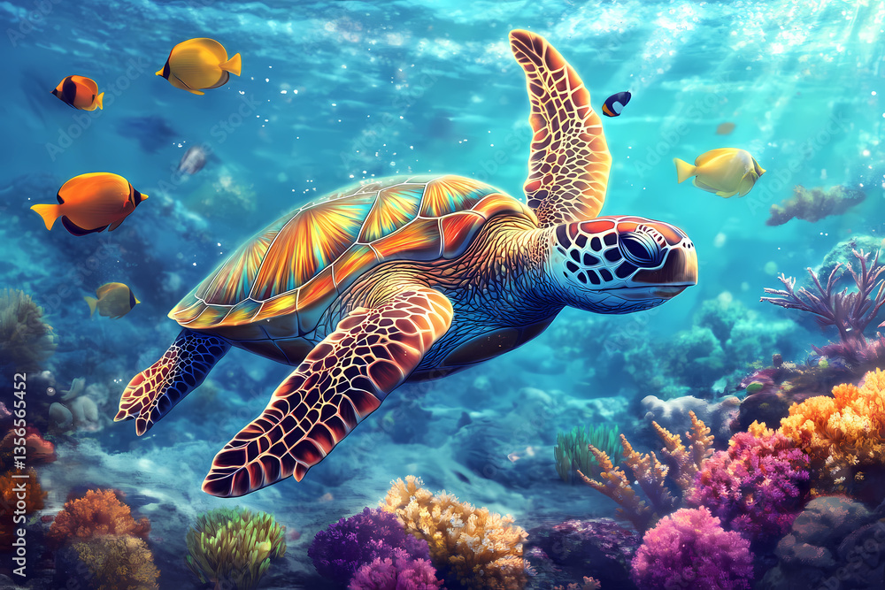Aquatic Harmony: A vibrant sea turtle gracefully glides through a kaleidoscope of marine life, painting an underwater scene of pure enchantment. Aquatic Harmony: A vibrant sea turtle gracefully glides through a kaleidoscope of marine life, painting an underwater scene of pure enchantment.