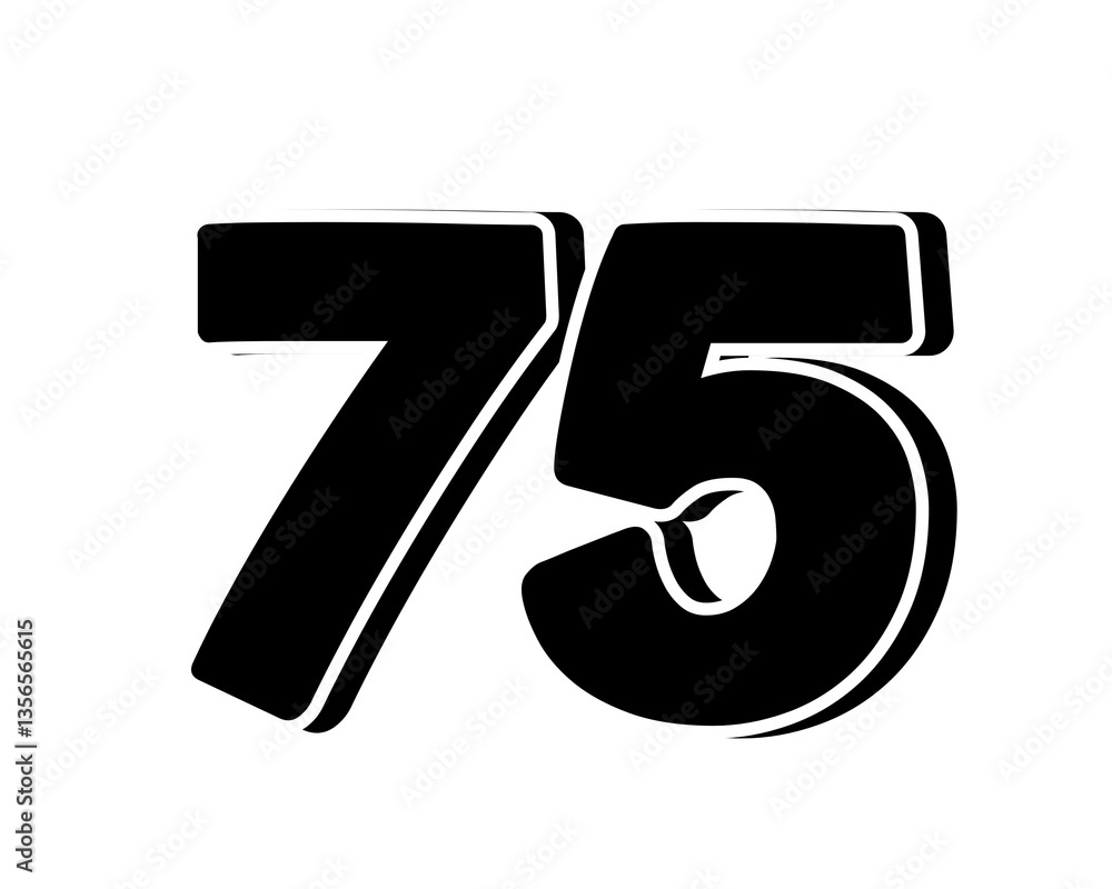 Stylized black number 75 on transparent background, with a bold, 3D appearance and shadow effects for added depth and dimension. Stylized black number 75 on transparent background, with a bold, 3D appearance and shadow effects for added depth and dimension.