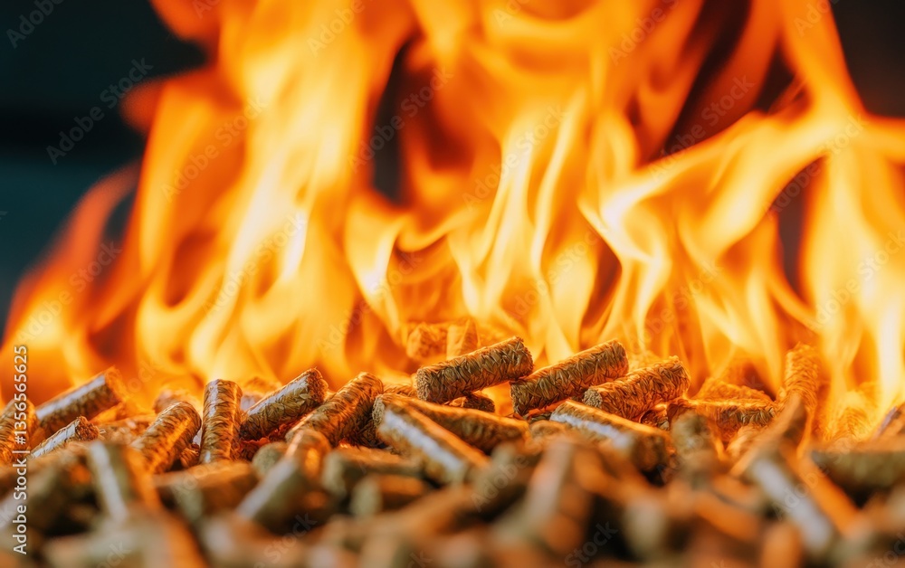 A vibrant fire consumes biomass fuel pellets, creating a dynamic display of flames and glowing embers, emphasizing warmth and energy. A vibrant fire consumes biomass fuel pellets, creating a dynamic display of flames and glowing embers, emphasizing warmth and energy.