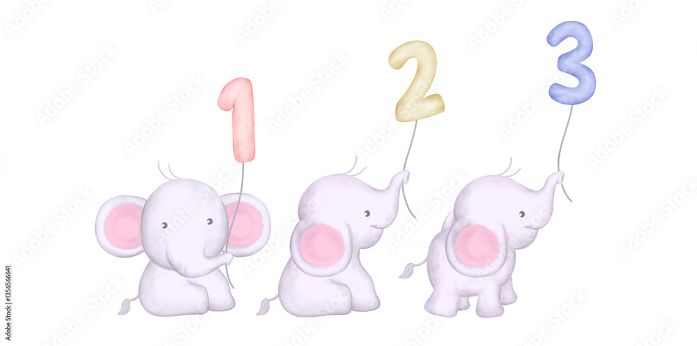 Obraz premium cute baby elephant sitting and holding a numbering balloon anniversary 1 2 3 