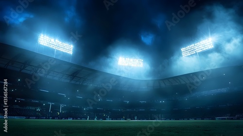 Epic Night at Stadium  A breathtaking view of a vast stadium under a dramatic night sky  bathed in the cool glow of stadium lights. The atmosphere is charged with anticipation.