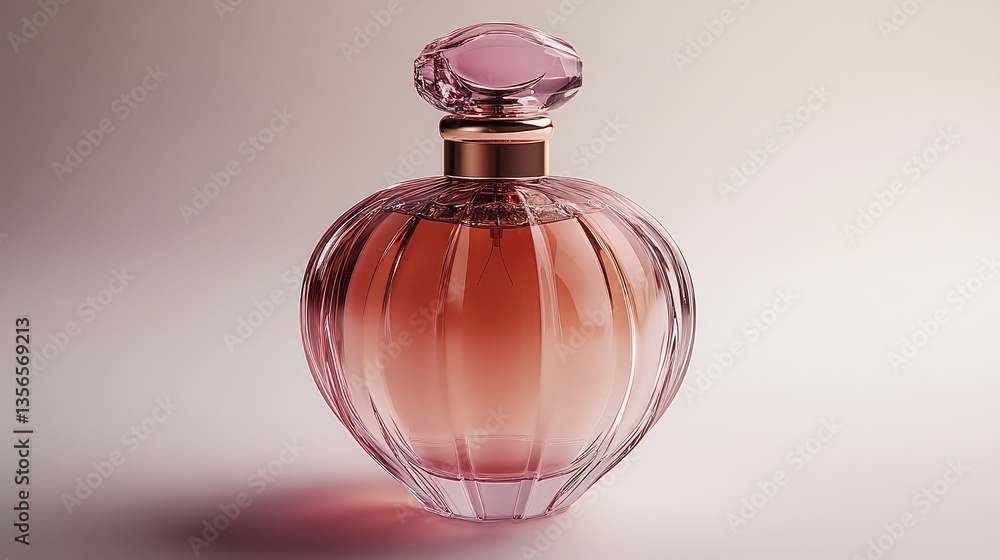 A front view of a luxury perfume bottle with a glossy finish, featuring a rose gold cap, on a clear white background A front view of a luxury perfume bottle with a glossy finish, featuring a rose gold cap, on a clear white background