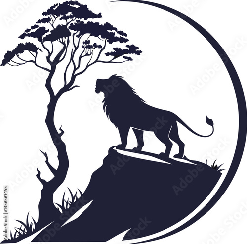 Majestic Lion Silhouette A commanding illustration captures a lion, king of the savanna, silhouetted against a dramatic sky.