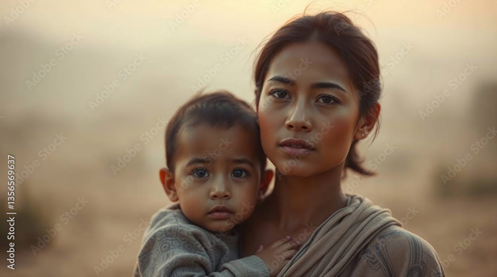 Resilient mother holding her child - a powerful emotional portrait in natural light
