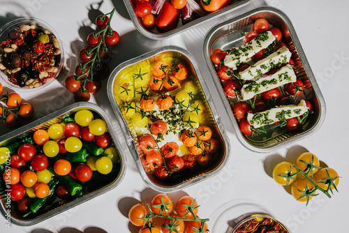 Fotografia A variety of fruits and vegetables are displayed in different containers