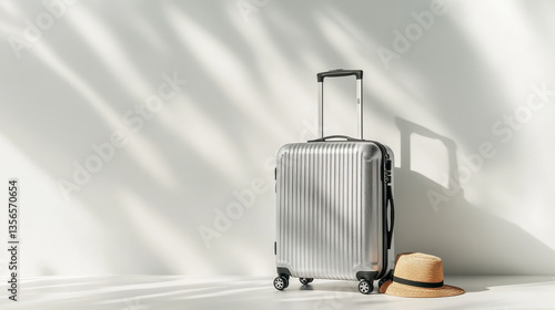 Wallpaper Mural A modern silver hard-shell suitcase, standing against a crisp white background with subtle gradient lighting. A sunhat hangs on the handle, while a travel guide peeks out from the zippered pocket Torontodigital.ca