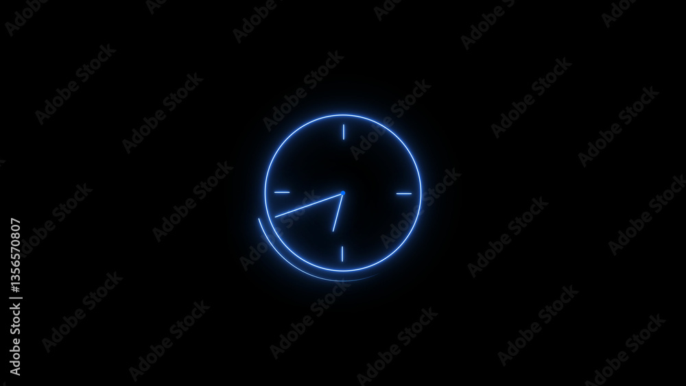 abstract neon blue color clock icon illustration, on a black background, and 4k illustration. abstract neon blue color clock icon illustration, on a black background, and 4k illustration.