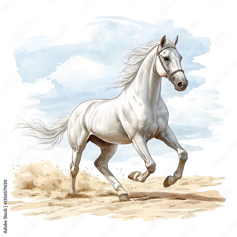 Obraz premium Majestic White Horse in Motion A Stunning Artistic Depiction of Equine Grace.