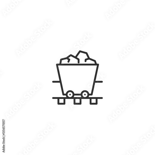 Minimalist linear mining cart icon with coal on rails.
