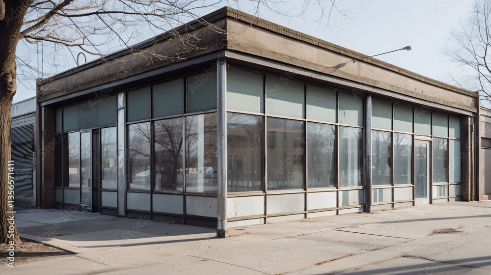 Vacant Commercial Building with Large Windows on a Sunny Day Vacant Commercial Building with Large Windows on a Sunny Day