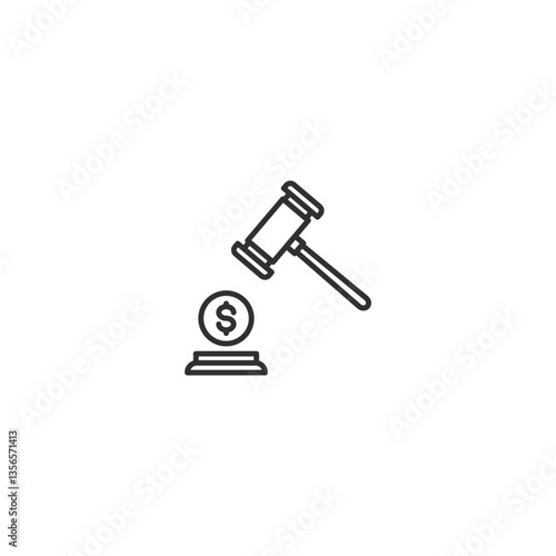 Auction hammer with money symbol linear icon for finance and legal concepts.