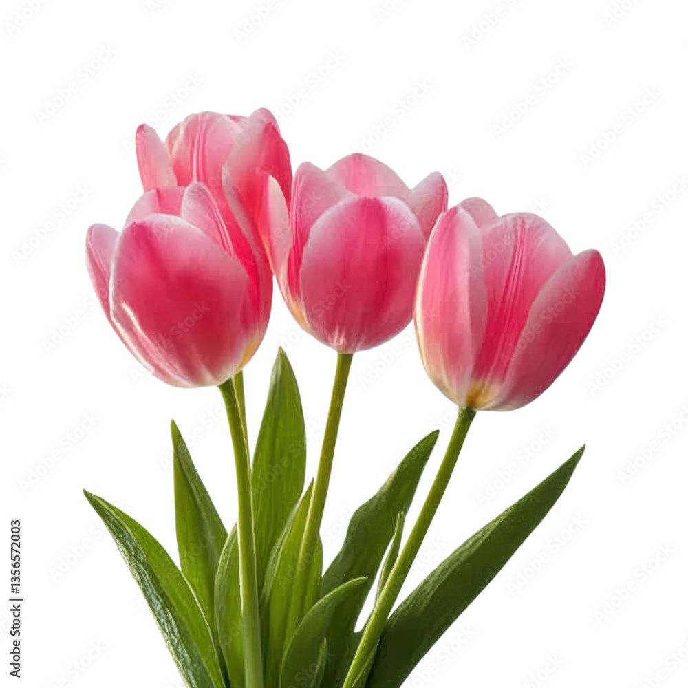 Pink tulips arranged in a bouquet with fresh green leaves showcasing natural beauty in a simple design on transparent background Pink tulips arranged in a bouquet with fresh green leaves showcasing natural beauty in a simple design on transparent background